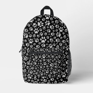 Shiny Silver Paws black Background Print Pattern Printed Backpack