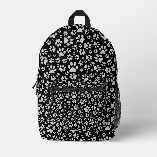 Shiny Silver Paws black Background Print Pattern Printed Backpack (Front)