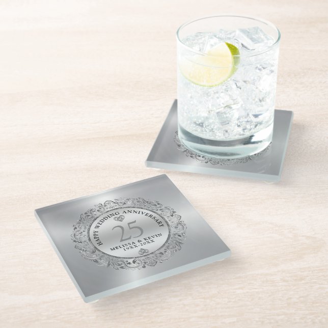 Shiny Silver Swirls Circle Frame 25th wedding Glass Coaster (Angled)
