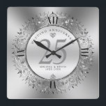 Shiny Silver Swirls Circle Frame 25th wedding Square Wall Clock<br><div class="desc">Luxury shiny silver swirly circle 25th wedding anniversary wall clock design. Silver wedding anniversary. Custom black typography.</div>