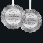 Shiny Silver Swirls Frame 25th wedding Ornament Card<br><div class="desc">Luxury shiny silver swirly circle 25th wedding anniversary. Silver wedding anniversary. Custom black typography.</div>