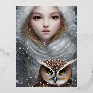 Shiny Smooth Glass Look Girl and Owl Foil Holiday Postcard