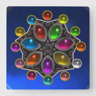 SHINY STAR WITH COLORFUL GEMSTONES Blue Sapphire Square Wall Clock