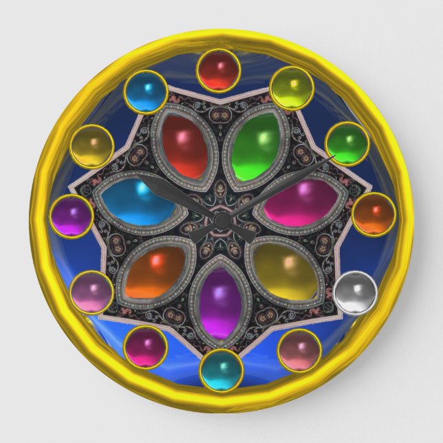SHINY STAR WITH COLORFUL GEMSTONES Gold Blue Large Clock (Front)