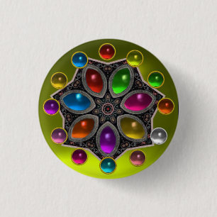 SHINY STAR WITH COLORFUL GEMSTONES Gold Yellow 1 Inch Round Button