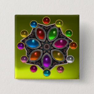 SHINY STAR WITH COLORFUL GEMSTONES Gold Yellow 2 Inch Square Button
