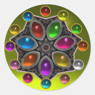 SHINY STAR WITH COLORFUL GEMSTONES Gold Yellow Classic Round Sticker