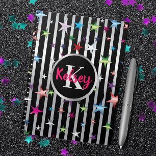 Shiny Stars On Black and Silver Stripes with Name Notebook