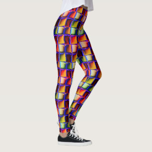 Shiny, sunken, red, green, yellow crooked squares leggings
