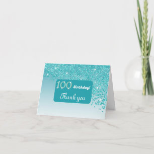 Shiny Teal Blue Glitter, 100th Birthday Thank You Card