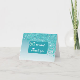 Shiny Teal Blue Glitter, 60th Birthday Thank You Card