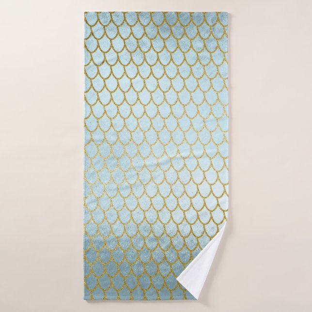 Shiny Teal Gold Glitter Mermaid Scales Bath Towel Set (Bath Towel)