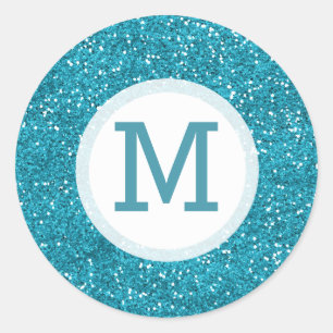 Shiny Turquoise Blue Glitter Monogrammed Classic Round Sticker