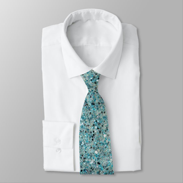 Shiny Turquoise Glitter Festive Background Tie (Tied)