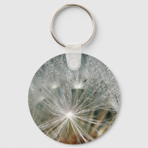 Shiny waterdrops on a white dandelion keychain