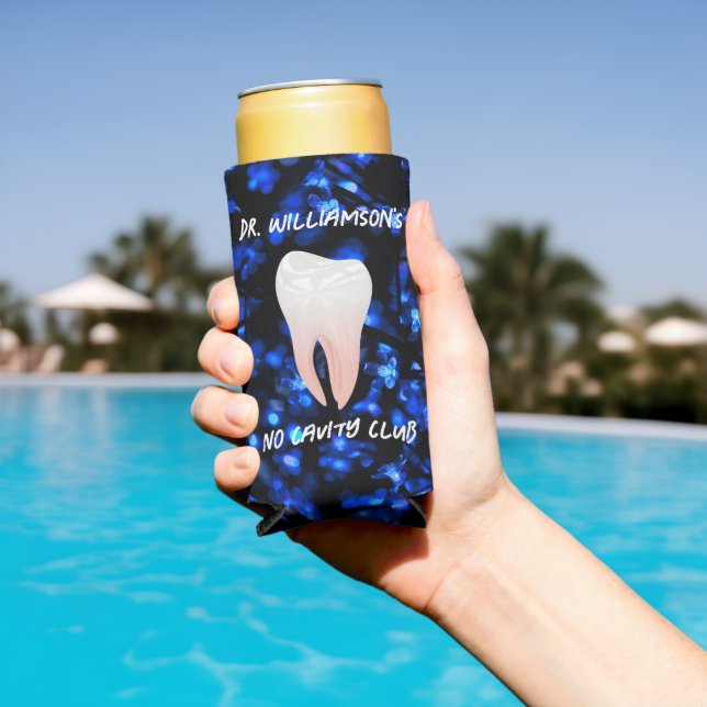 Shiny White Tooth on Blue Seltzer Can Cooler (In Situ Pool)