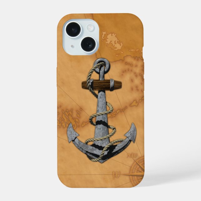 Ship Anchor And Nautical Map iPhone 15 Case (Back)