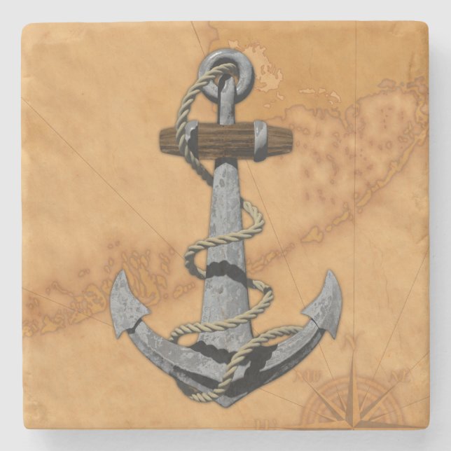 Ship Anchor And Nautical Map Stone Coaster (Front)