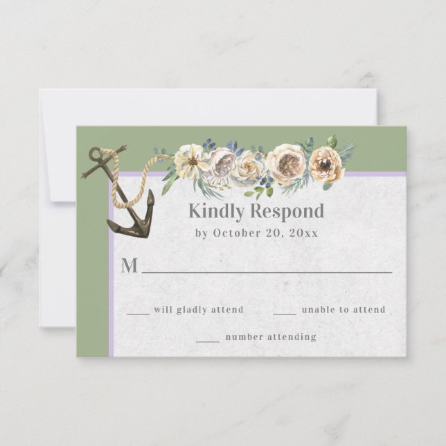Ship Anchor, Floral Swag - Sage Lavender Wedding RSVP Card (Front)