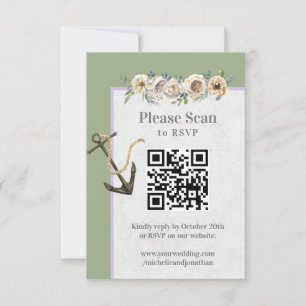 Ship Anchor Floral Wedding Sage Lavender QR Code RSVP Card