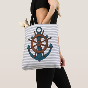 Ship Anchor & Wheel Grey Stripes Tote Bag