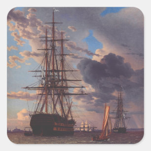 Ship and a Frigate at Anchor Square Sticker