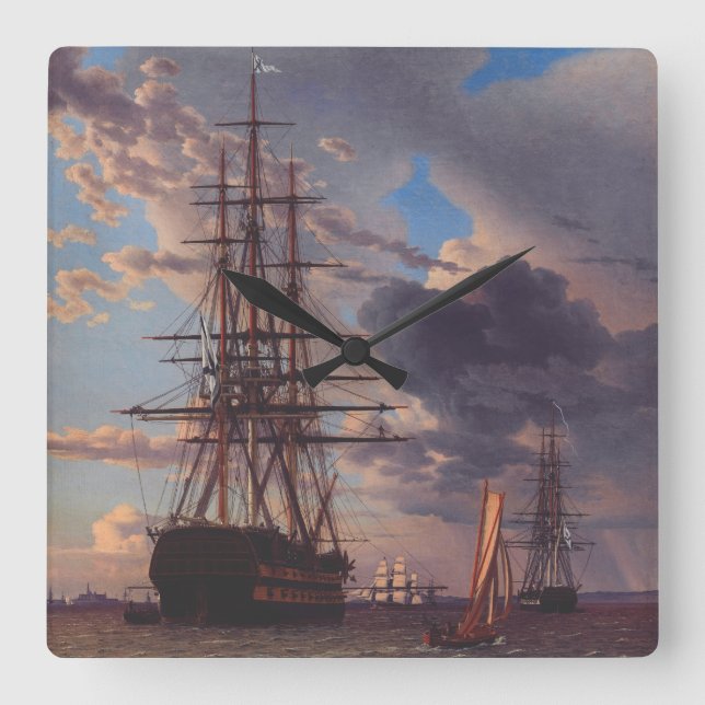 Ship and a Frigate at Anchor  Square Wall Clock (Front)