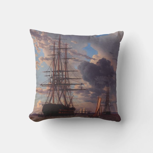Ship and a Frigate at Anchor  Throw Pillow (Front)