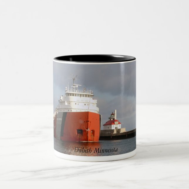 Ship and Lighthouse, Duluth Minnesota Two-Tone Coffee Mug (Center)