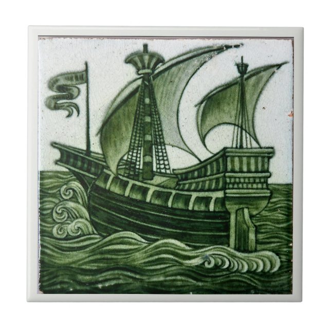 Ship By William * De Morgan Green Eggshell  |   Tile (Front)