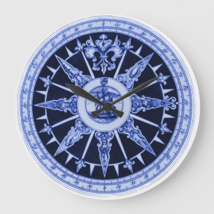 Ship Compass Wind Directions Delft-Blue-Look Large Clock