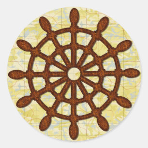 Ship Helm Wheel in Wood Old Map Nautical Seafaring Classic Round Sticker