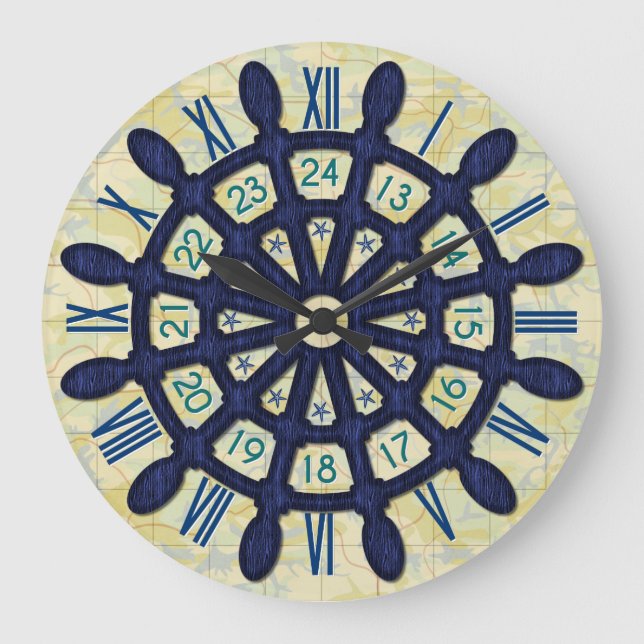 Ship Helm Wood Wheel Blue Nautical Sailor Old Map Large Clock (Front)