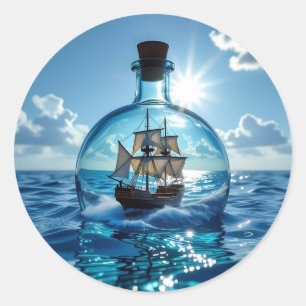 Ship in a Bottle Floating on the Ocean Classic Round Sticker