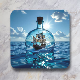 Ship in a Bottle Floating on the Ocean Coaster