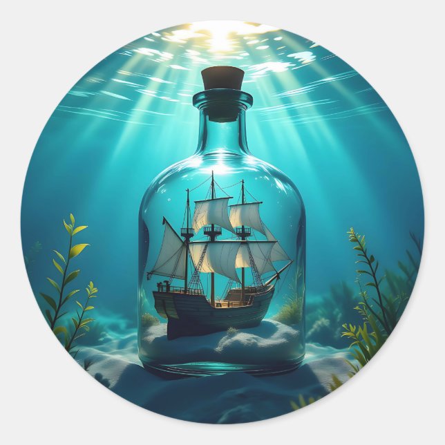 Ship in a Bottle in the Ocean  Classic Round Sticker (Front)