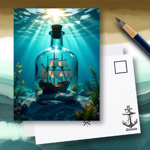 Ship in a Bottle in the Ocean Saying Hi Postcard