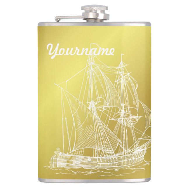 ship in gold white and name template hip flask (Front)