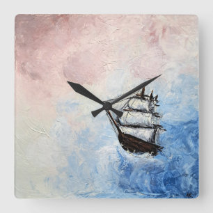 Ship in the Clouds Mystery Borders Sea Ocean Waves Square Wall Clock