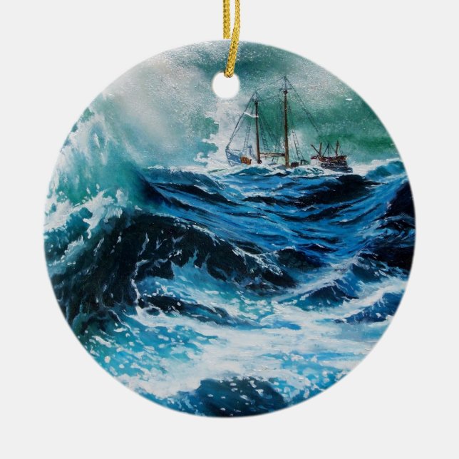 Ship In the Sea in Storm Ceramic Ornament (Front)