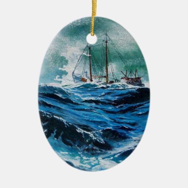 Ship In the Sea in Storm Ceramic Ornament (Front)
