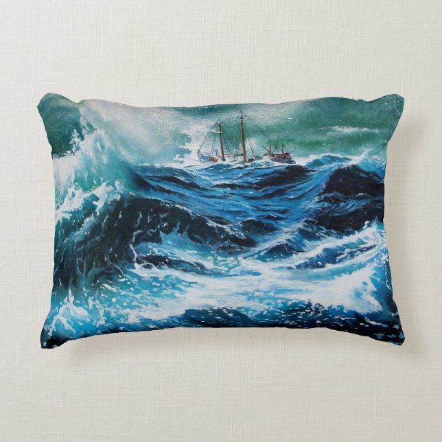 Ship In the Sea in Storm Decorative Pillow (Front)
