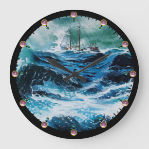 Ship In the Sea in Storm Large Clock