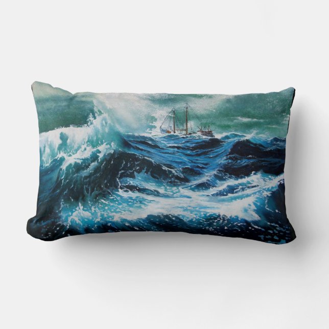 Ship In the Sea in Storm Lumbar Pillow (Front)