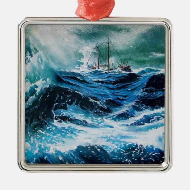 Ship In the Sea in Storm Metal Ornament (Front)