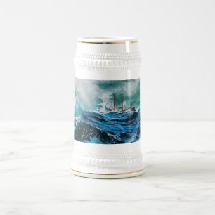 Ship In the Sea in Storm ,Nautical Blue Beer Stein