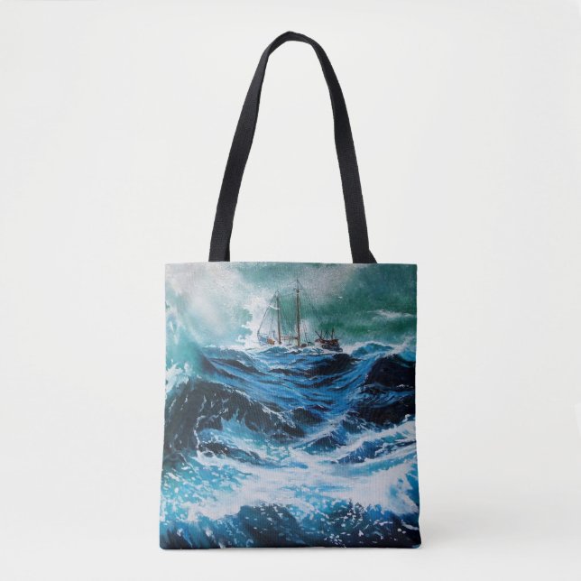 Ship In the Sea in Storm, Nautical Tote Bag (Front)