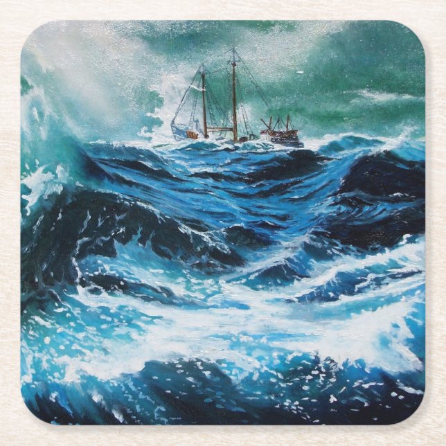 Ship In the Sea in Storm Square Paper Coaster (Front)