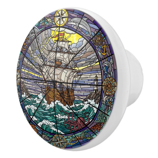 Ship, Lighthouse, Sea Animals, Nautical Ceramic Knob (Right)