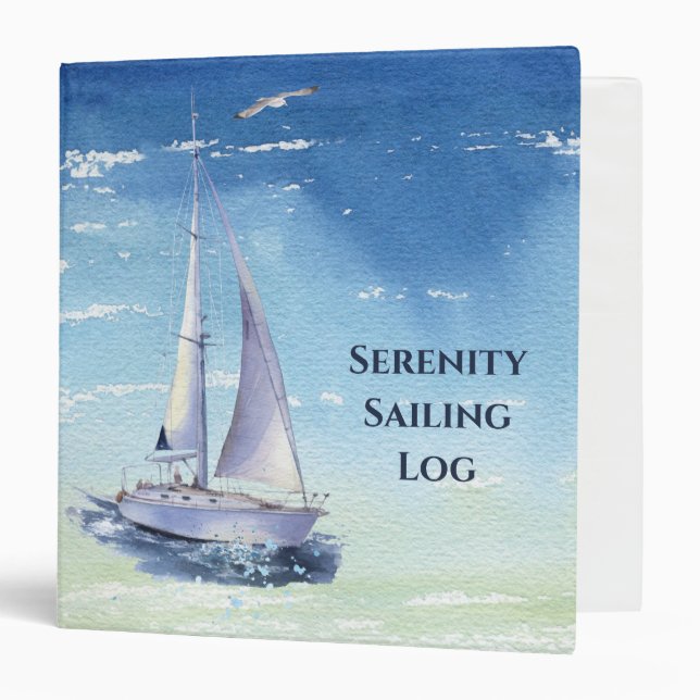 Ship Log Watercolor Modern Blue Nautical Sailing Binder (Front/Inside)